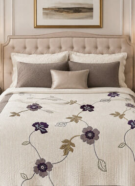 KEECO Floral Quilt Coverlet 92x96 Purple Gray Cream Embroidered Cotton Blend